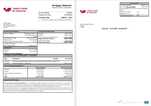 Download Russia Credit bank of Moscow mortgage statement in Word and PDF formats Photoshop template